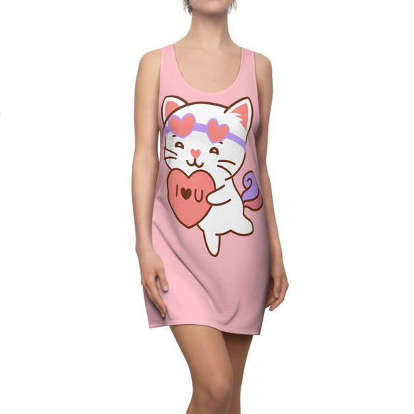 Kawaii Cat with Heart Dress, Cute Cat Racerback Dress, Cat Lover Gift, Women's Dress, Sleeveless Dress