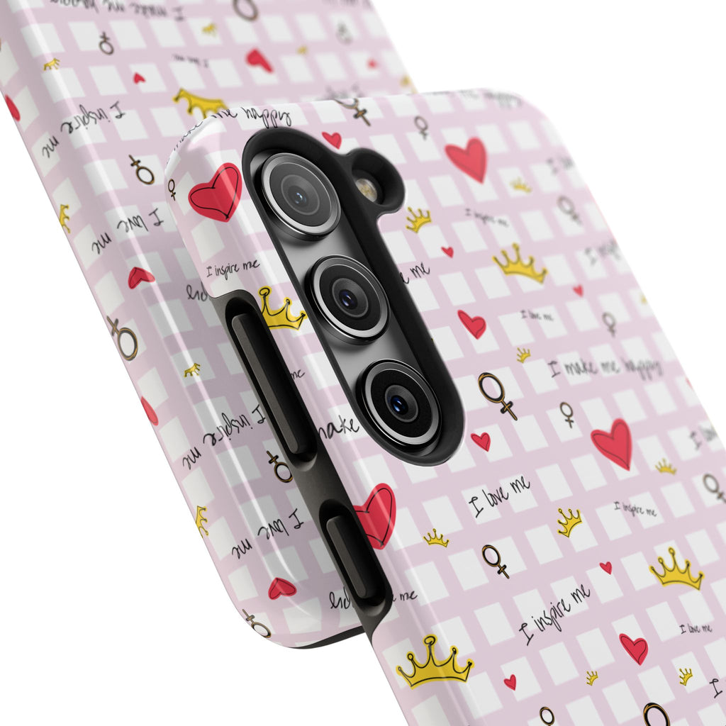 Cozy Hearts & Crowns Phone Case, Heart Design Protective Phone Cover, Crown Pattern Tough Case, Girly Phone Accessories, Valentine's Day