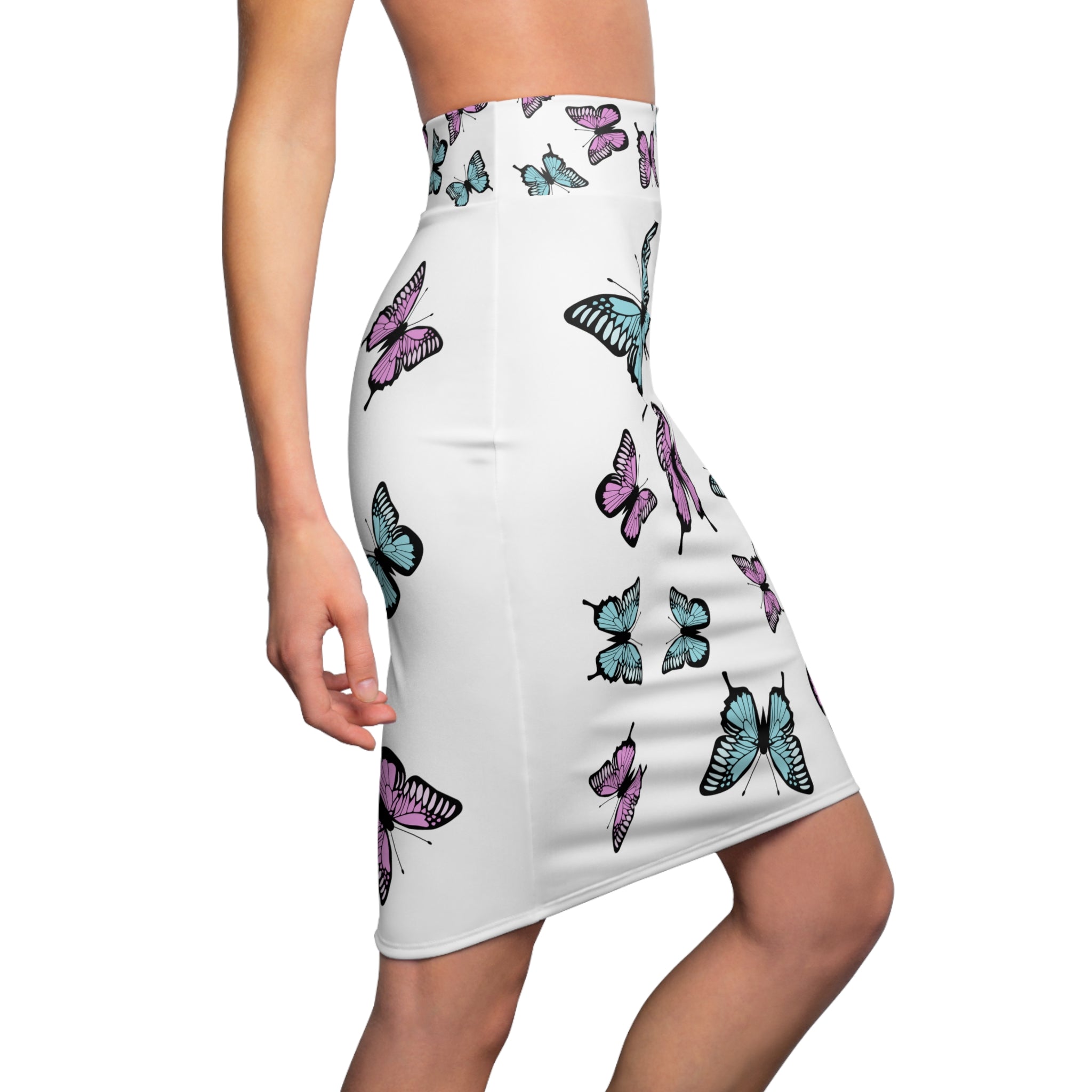 Butterfly Pattern Women's Pencil Skirt, White Background, Stylish Fashion, Trendy Apparel, Office Wear, Gift for Her
