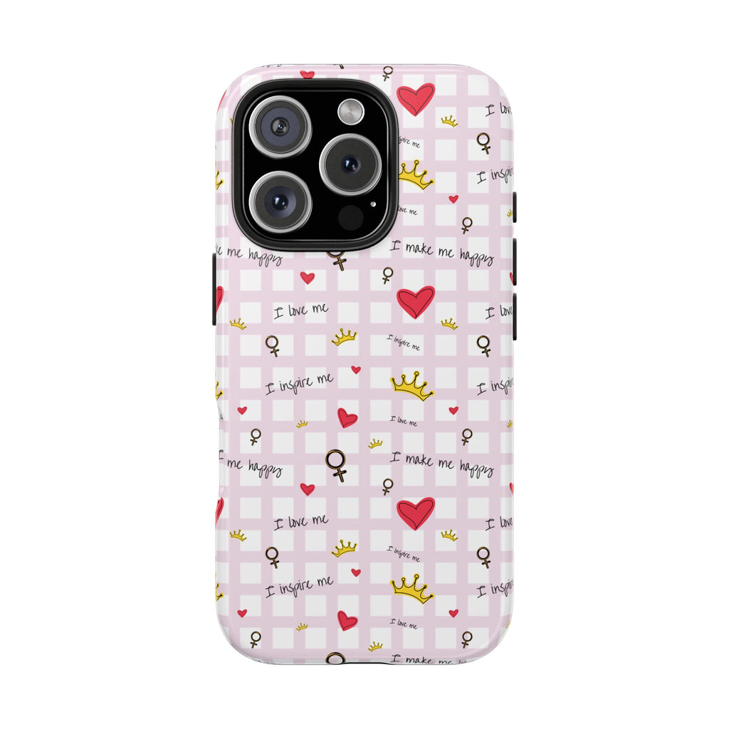 Cozy Hearts & Crowns Phone Case, Heart Design Protective Phone Cover, Crown Pattern Tough Case, Girly Phone Accessories, Valentine's Day