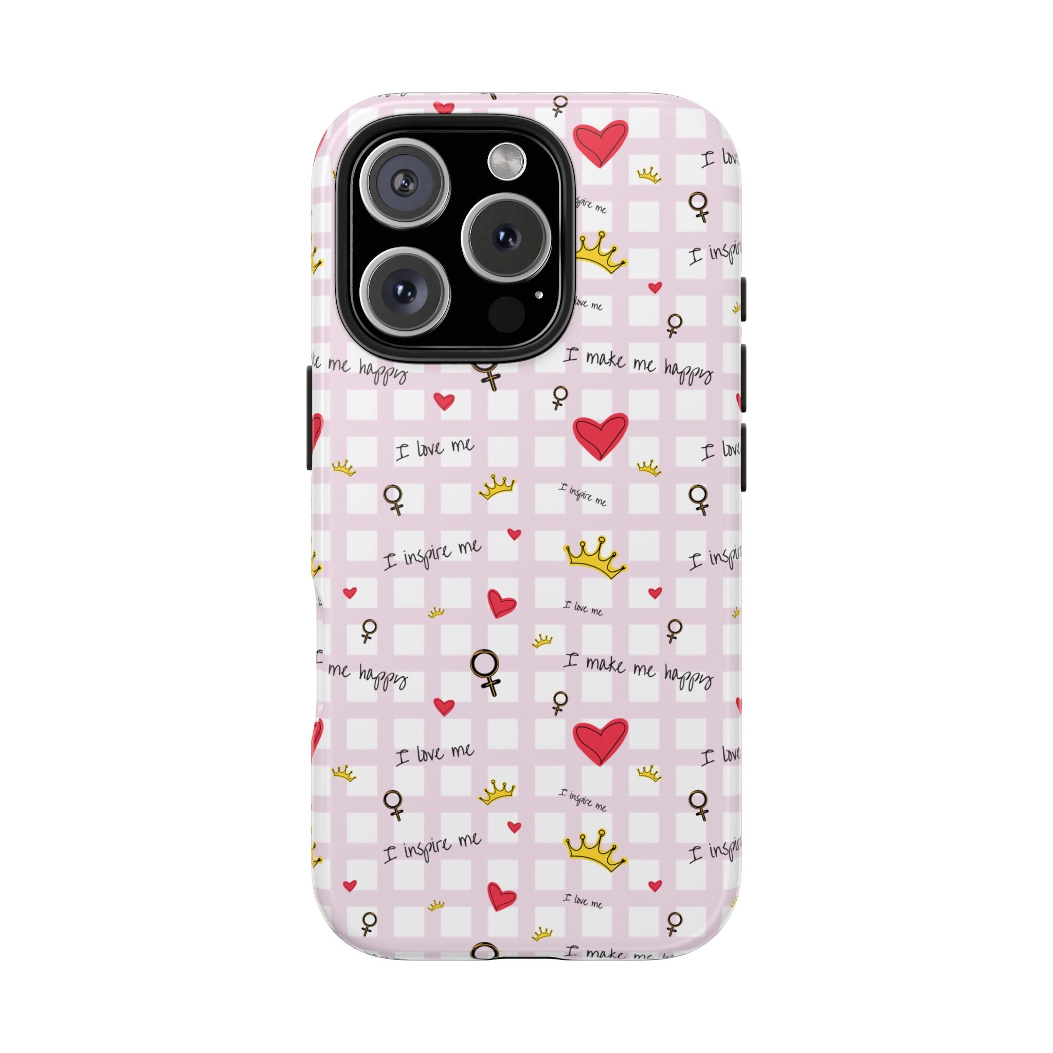 Cozy Hearts & Crowns Phone Case, Heart Design Protective Phone Cover, Crown Pattern Tough Case, Girly Phone Accessories, Valentine's Day