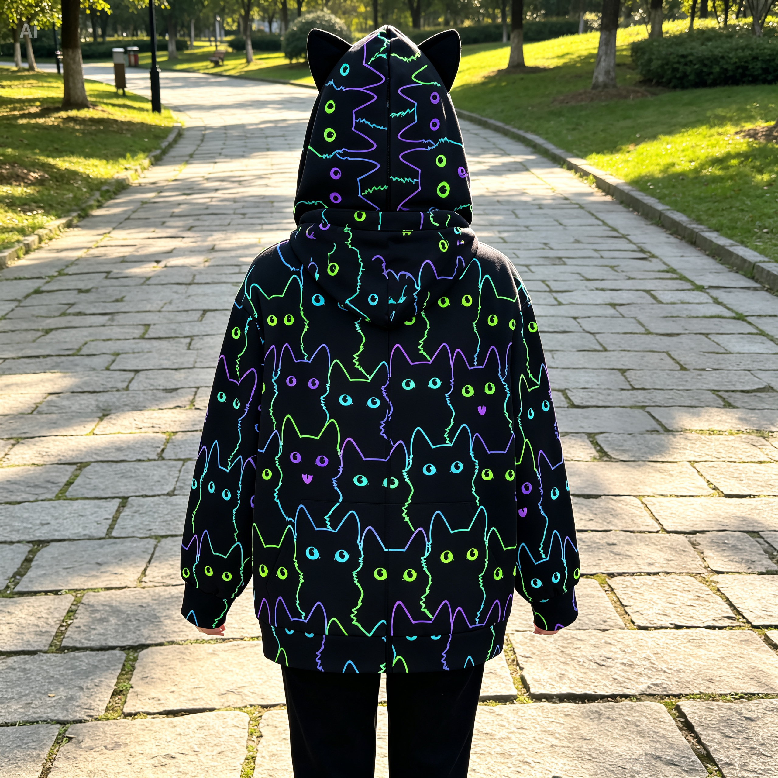 Neon Cat Print Zip-Up Hoodie with Cat Ears - Black Unisex Scuba Hooded Jacket