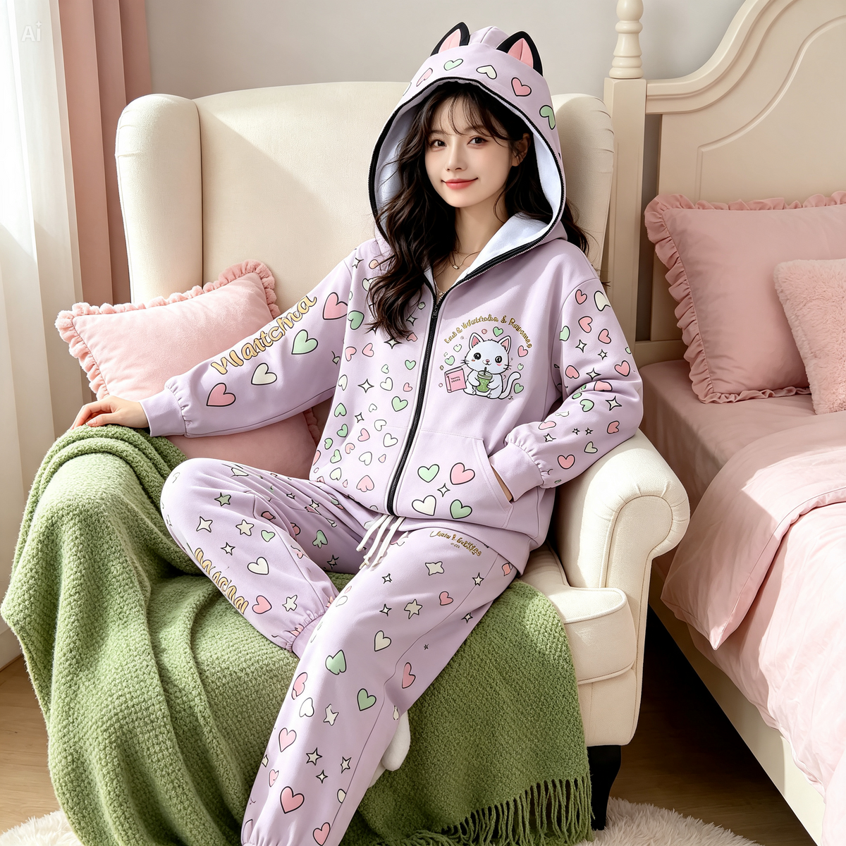 Matcha Reading Cat Ear Zip-Up Hoodie