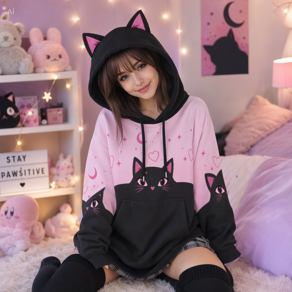 Pastel Pink Black Cat Ear Hoodie