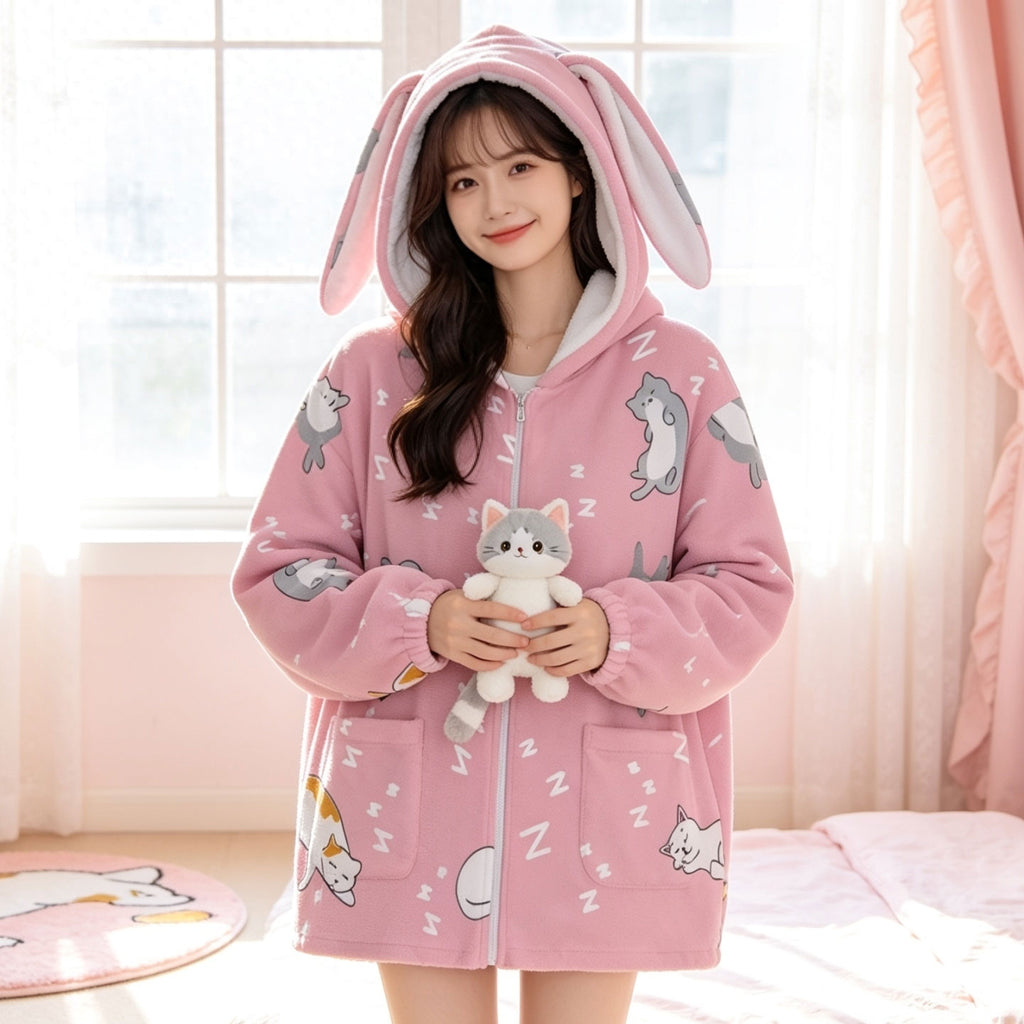 Kawaii Cat Bunny Ear Hoodie – Cute Pink Fleece Zip Up Jacket