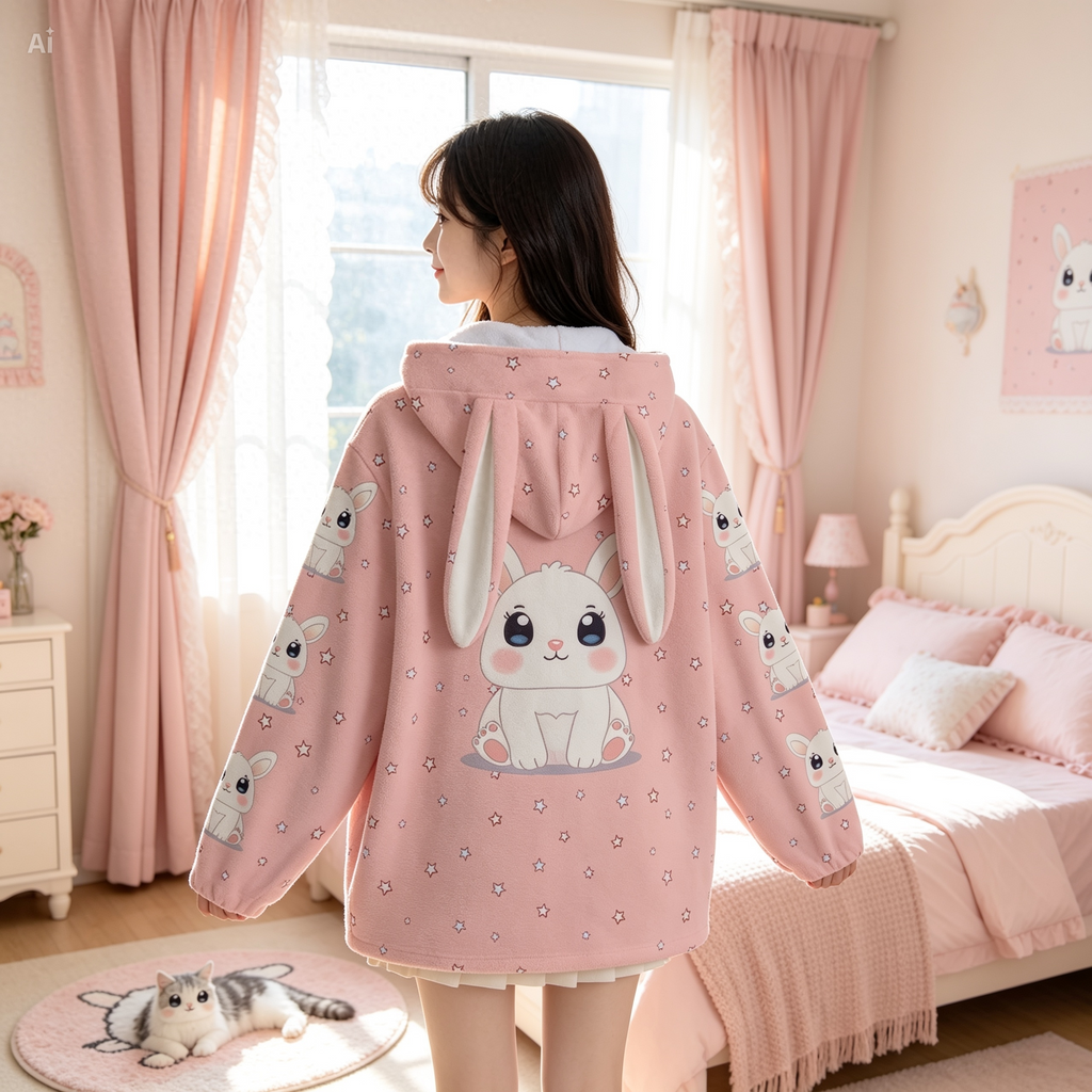 Kawaii Bunny Ear Hoodie – Cute Pink Fleece Zip Up Jacket