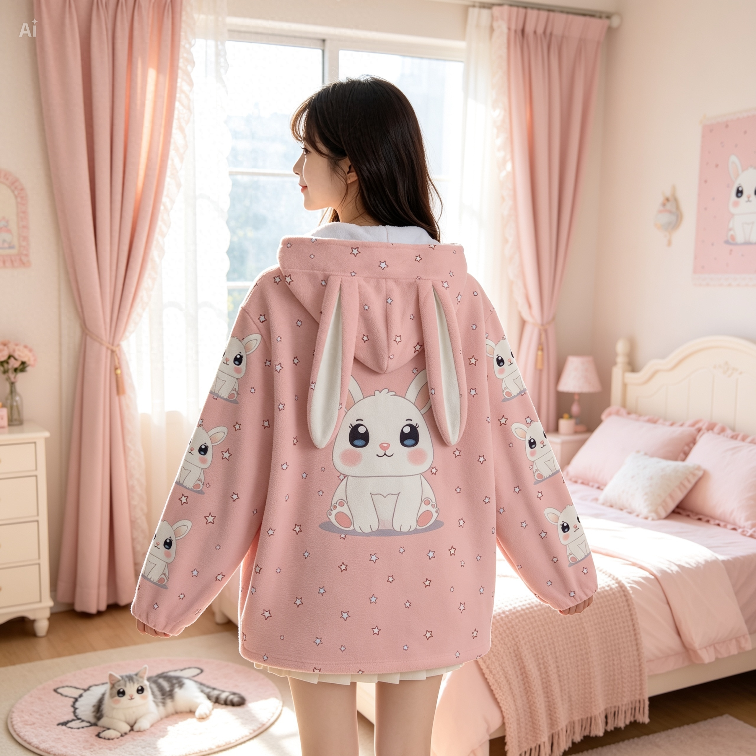Kawaii Bunny Ear Hoodie – Cute Pink Fleece Zip Up Jacket