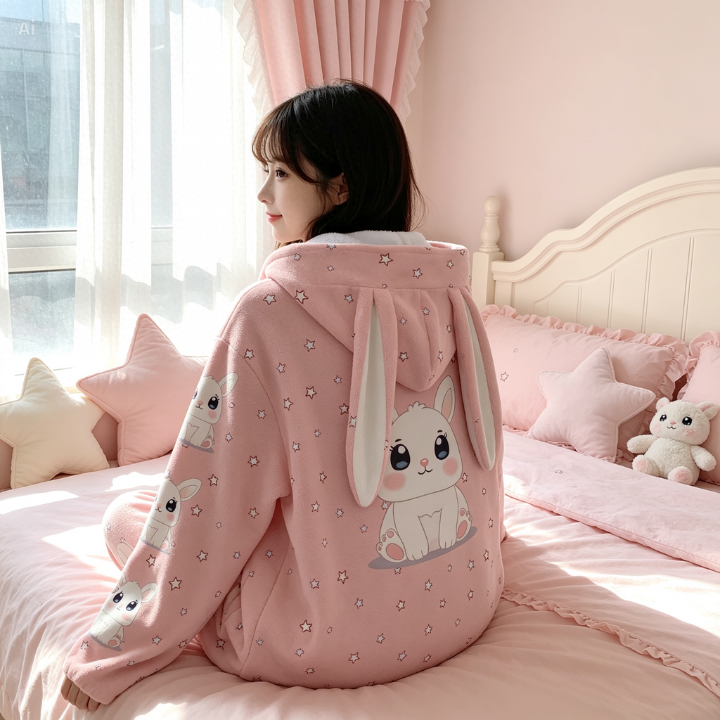Kawaii Bunny Ear Hoodie – Cute Pink Fleece Zip Up Jacket