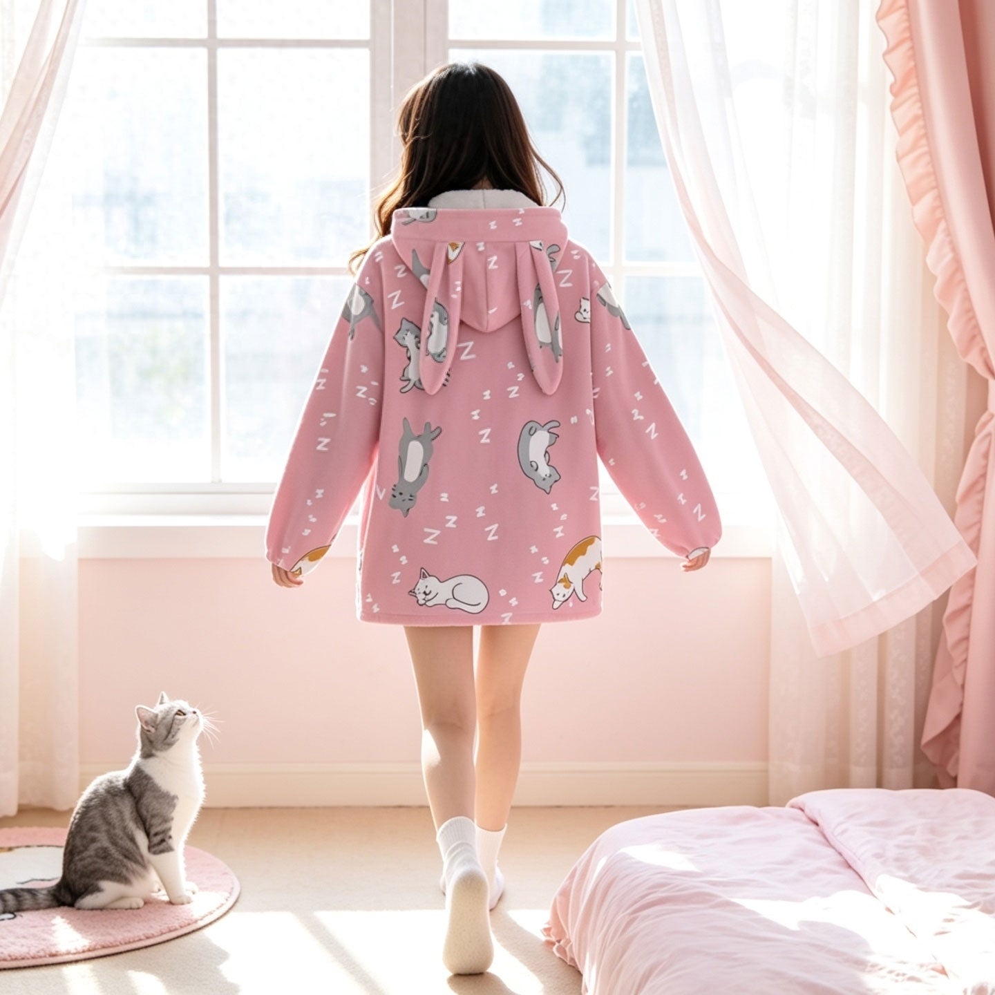 Kawaii Cat Bunny Ear Hoodie – Cute Pink Fleece Zip Up Jacket
