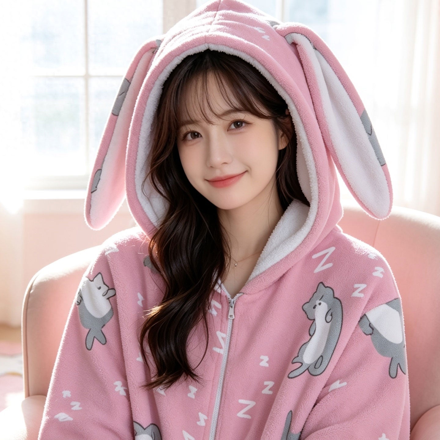 Kawaii Cat Bunny Ear Hoodie – Cute Pink Fleece Zip Up Jacket