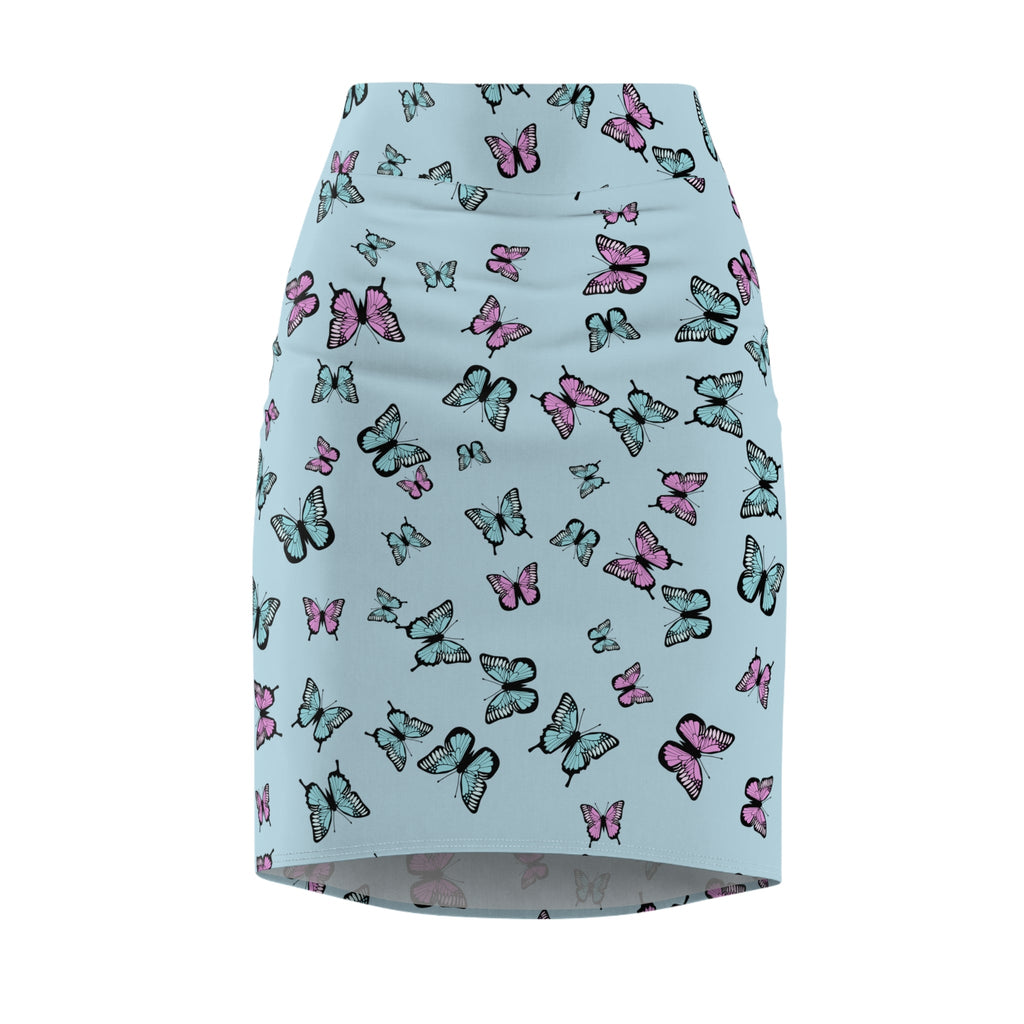 Butterfly Pattern Blue Women's Pencil Skirt - Floral Print Stretchy Midi Skirt, Summer Fashion Apparel, Cute Insect Theme Clothes, Elegant