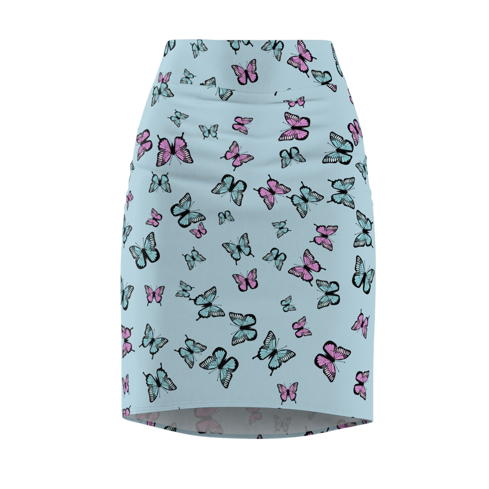 Butterfly Pattern Blue Women's Pencil Skirt - Floral Print Stretchy Midi Skirt, Summer Fashion Apparel, Cute Insect Theme Clothes, Elegant