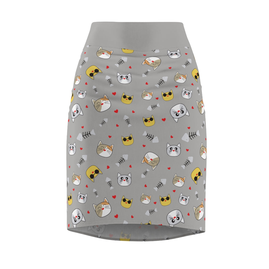 Cool Cats Pattern Gray Women's Pencil Skirt - Stylish Feline Print Women's Skirt, Cat Lover Fashion, Gray Skirt