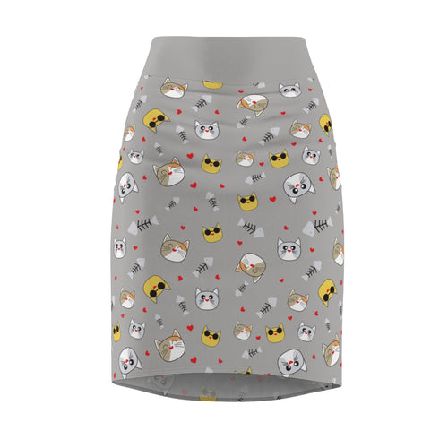 Cool Cats Pattern Gray Women's Pencil Skirt - Stylish Feline Print Women's Skirt, Cat Lover Fashion, Gray Skirt