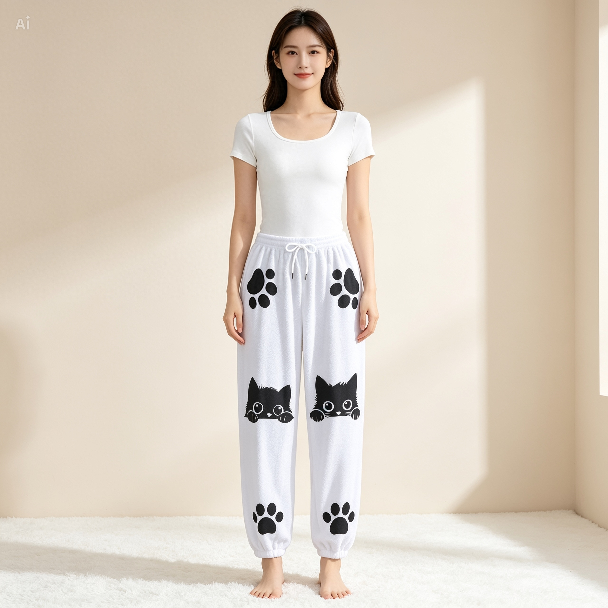 Cute Black Cat Fleece Joggers – Kawaii Paw Print Lounge Pants