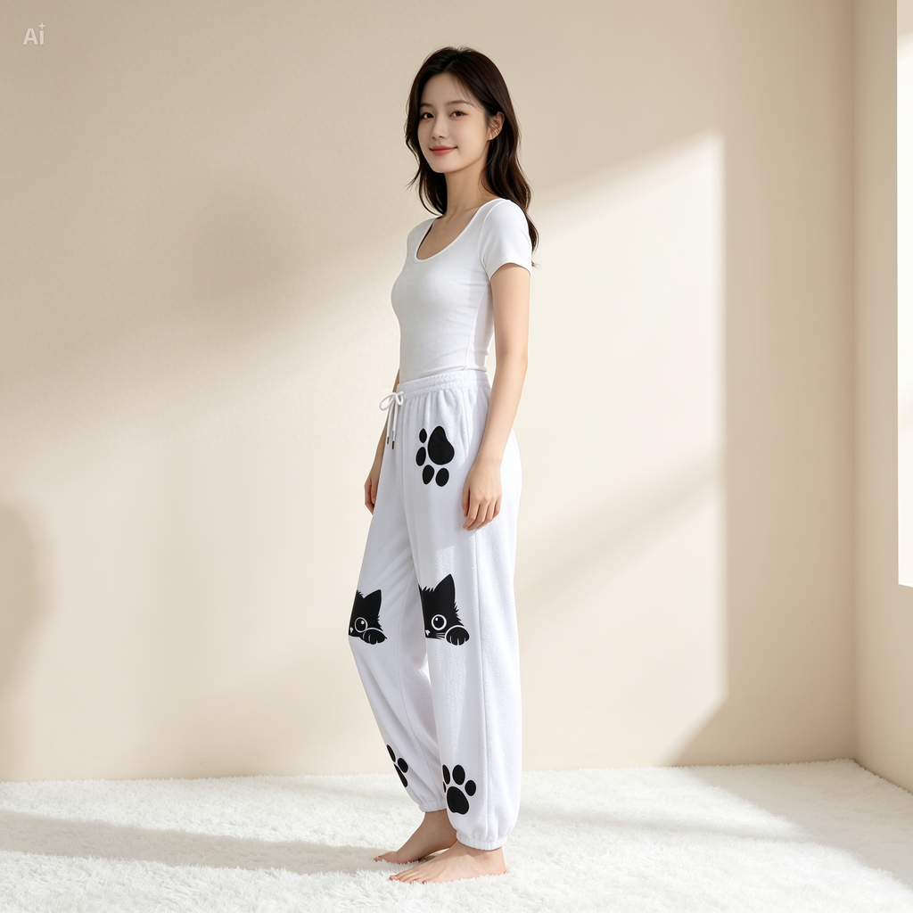 Cute Black Cat Fleece Joggers – Kawaii Paw Print Lounge Pants