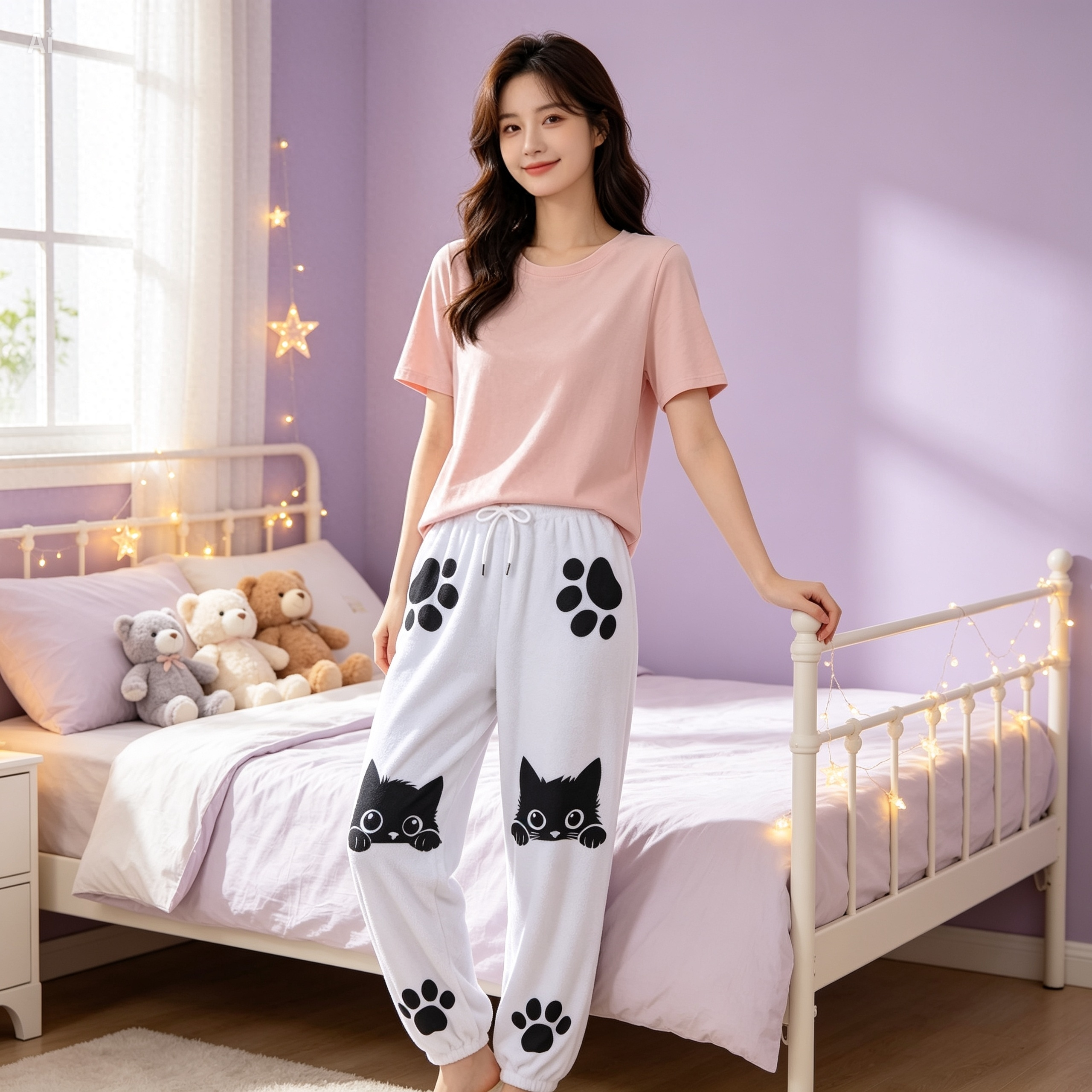 Cute Black Cat Fleece Joggers – Kawaii Paw Print Lounge Pants