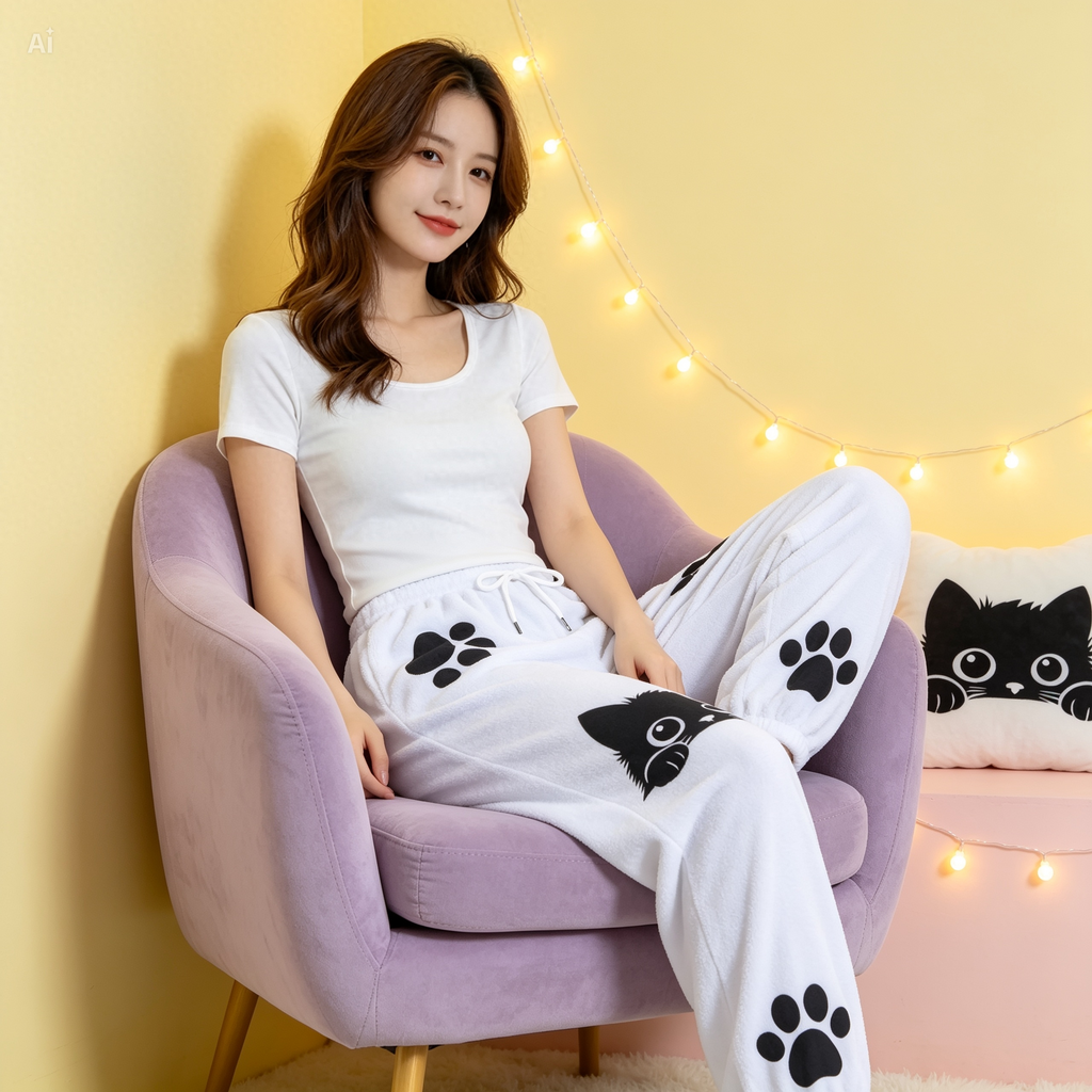 Cute Black Cat Fleece Joggers – Kawaii Paw Print Lounge Pants