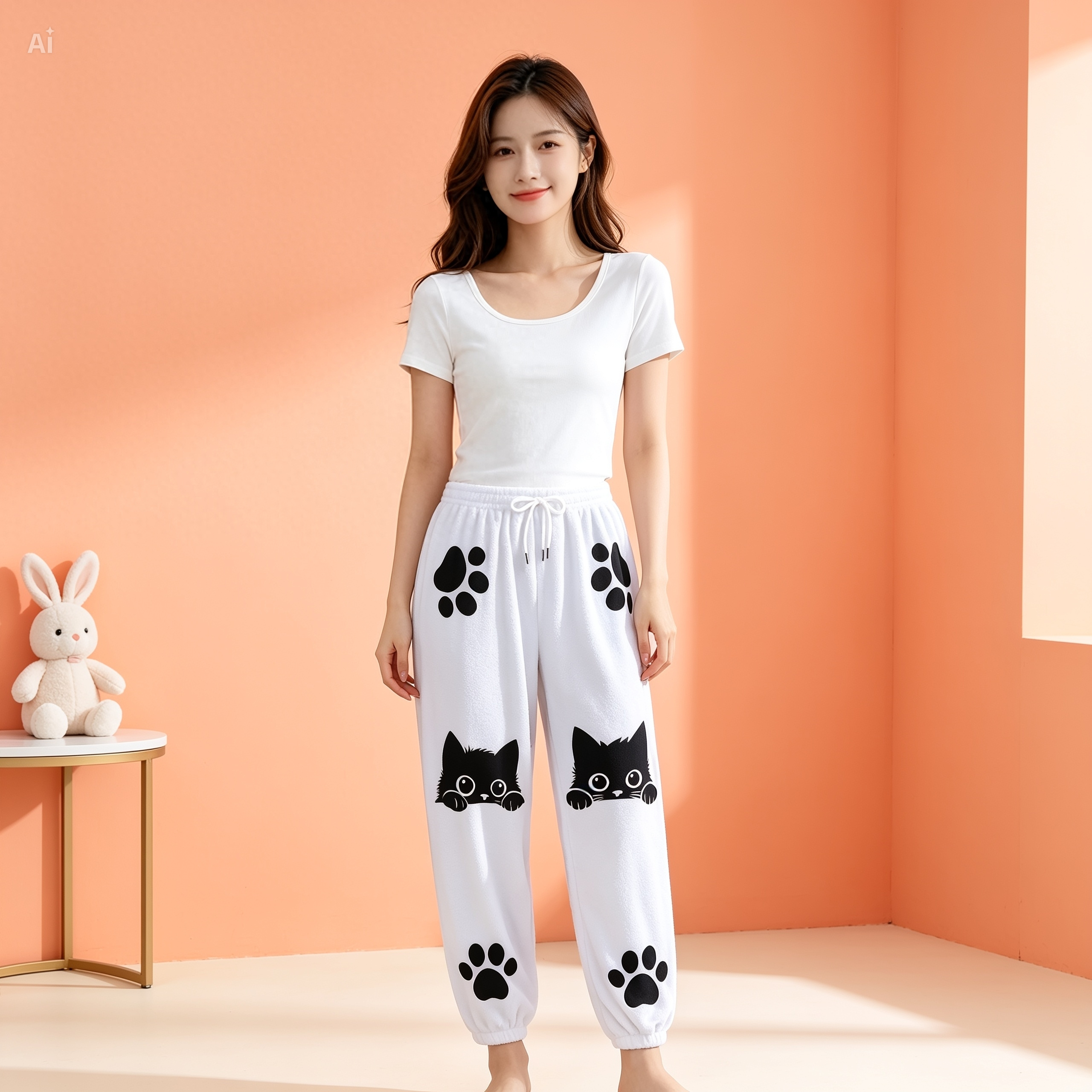 Cute Black Cat Fleece Joggers – Kawaii Paw Print Lounge Pants