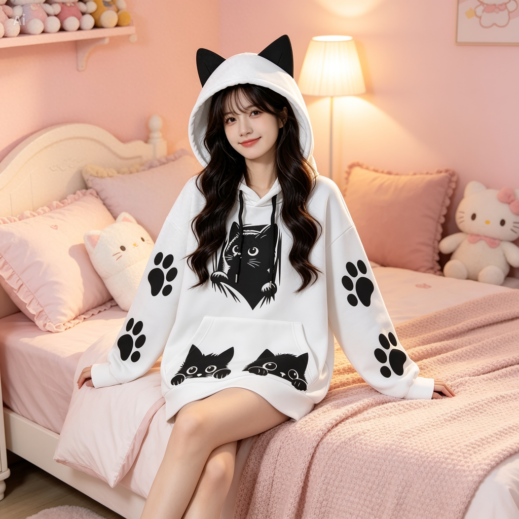 Cat Ear Hoodie – Cute Graphic Scuba Hoodie with Kangaroo Pocket