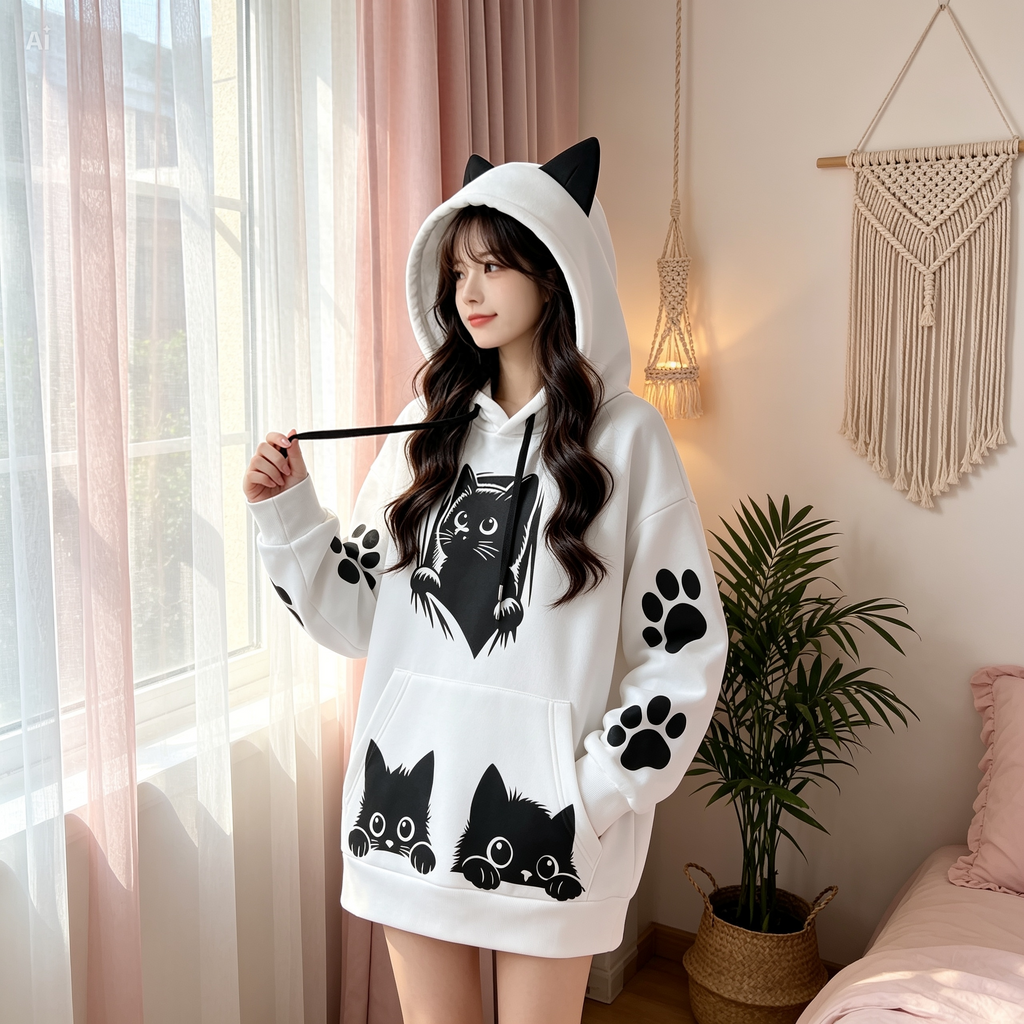 Cat Ear Hoodie – Cute Graphic Scuba Hoodie with Kangaroo Pocket