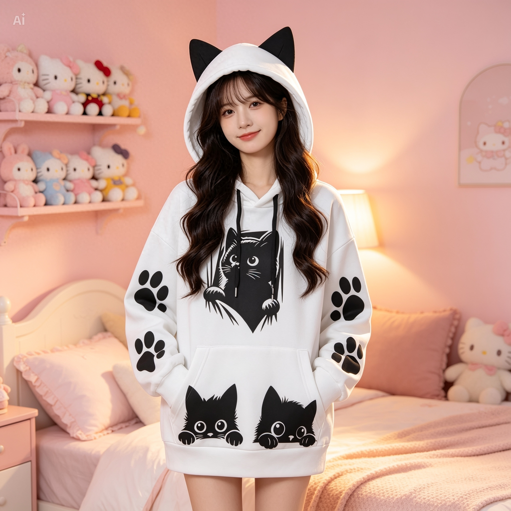Cat Ear Hoodie – Cute Graphic Scuba Hoodie with Kangaroo Pocket