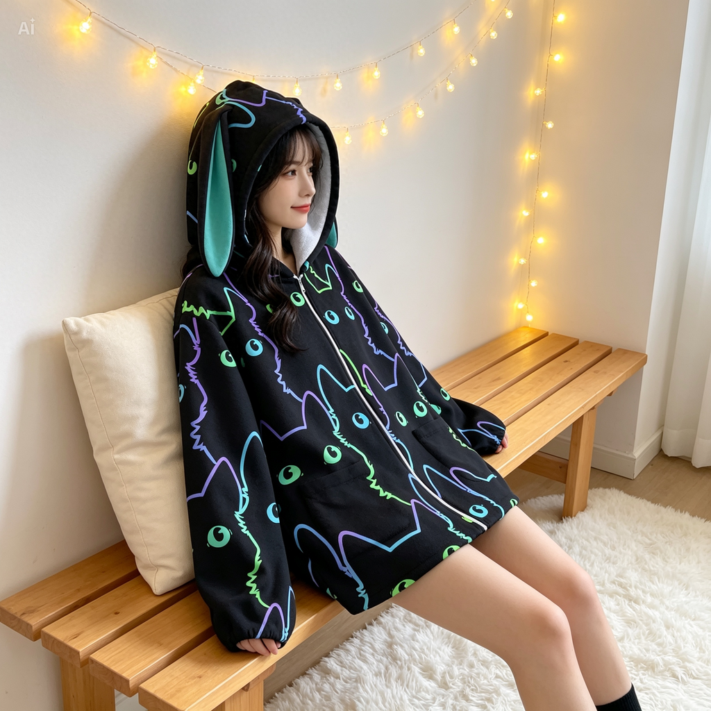 Neon Cat Bunny Ear Hoodie – Cute Black Fleece Zip Up Jacket