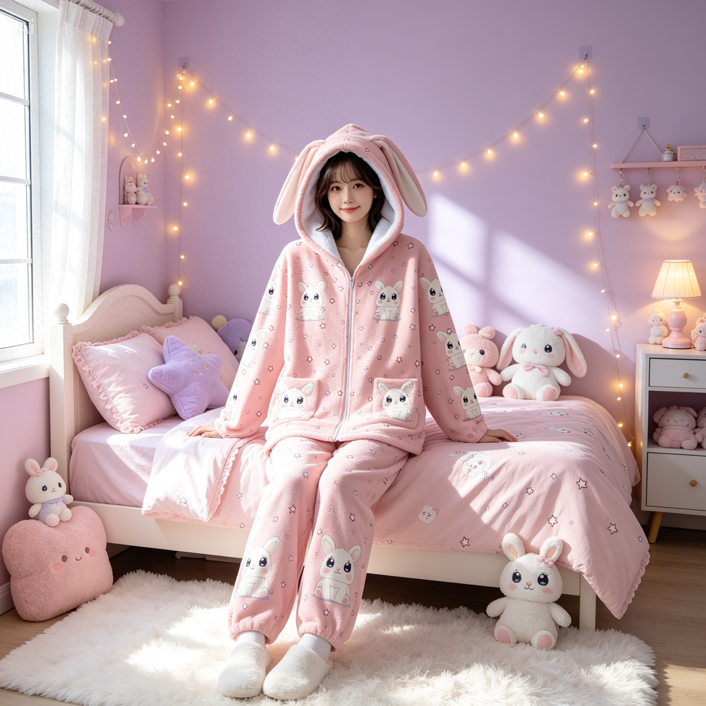 Kawaii Bunny Ear Hoodie – Cute Pink Fleece Zip Up Jacket