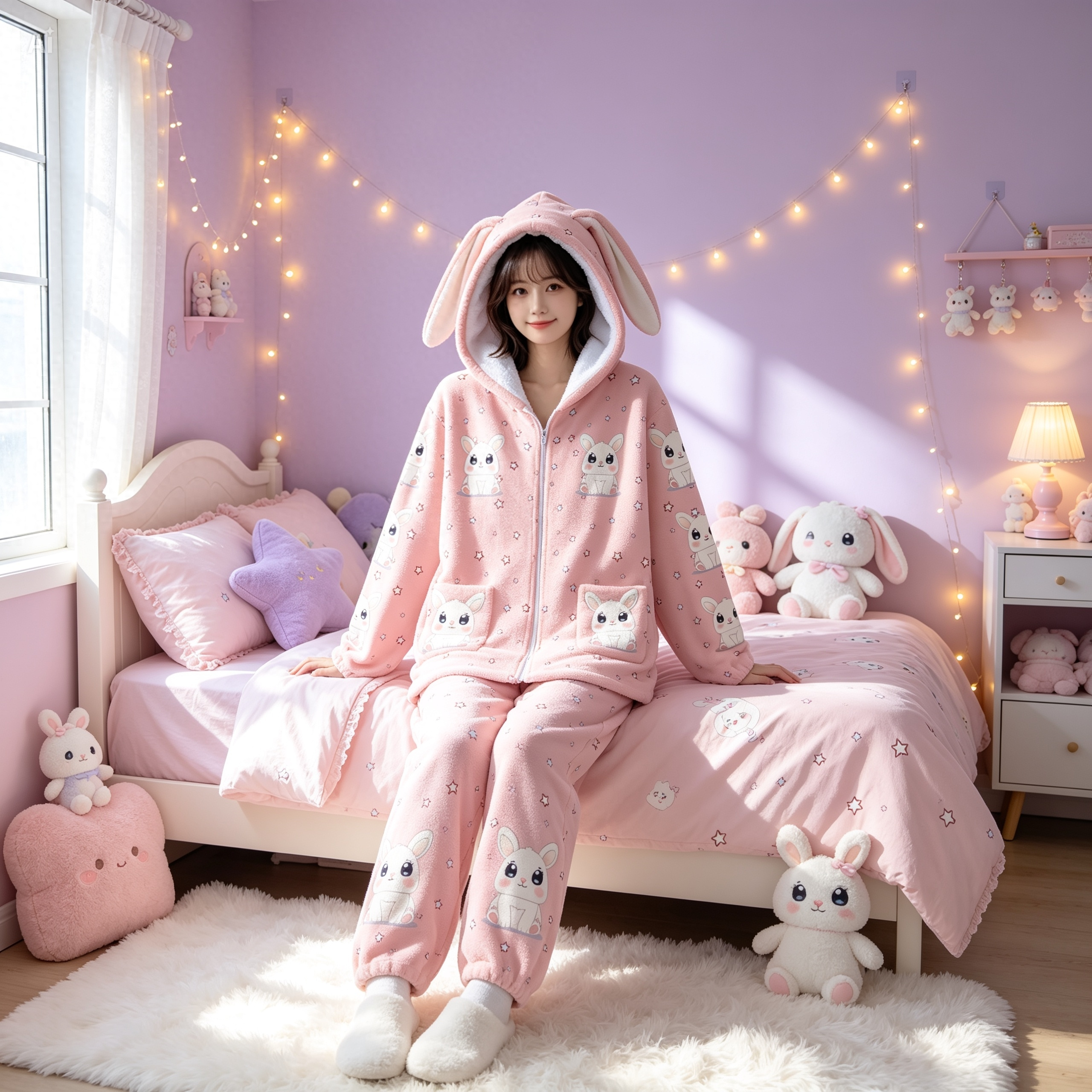 Kawaii Bunny Ear Hoodie – Cute Pink Fleece Zip Up Jacket