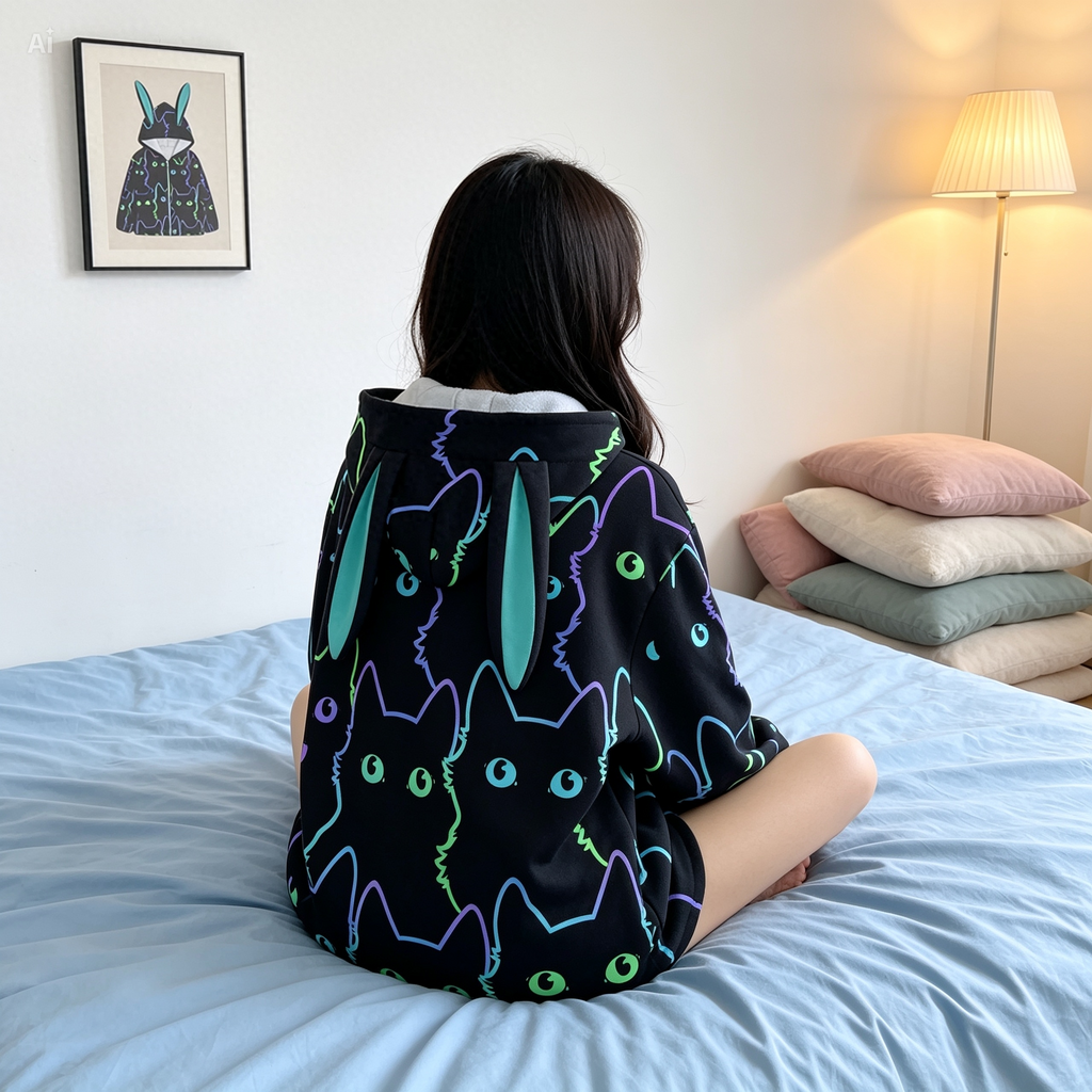 Neon Cat Bunny Ear Hoodie – Cute Black Fleece Zip Up Jacket