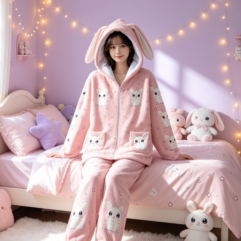 Kawaii Bunny Ear Hoodie – Cute Pink Fleece Zip Up Jacket