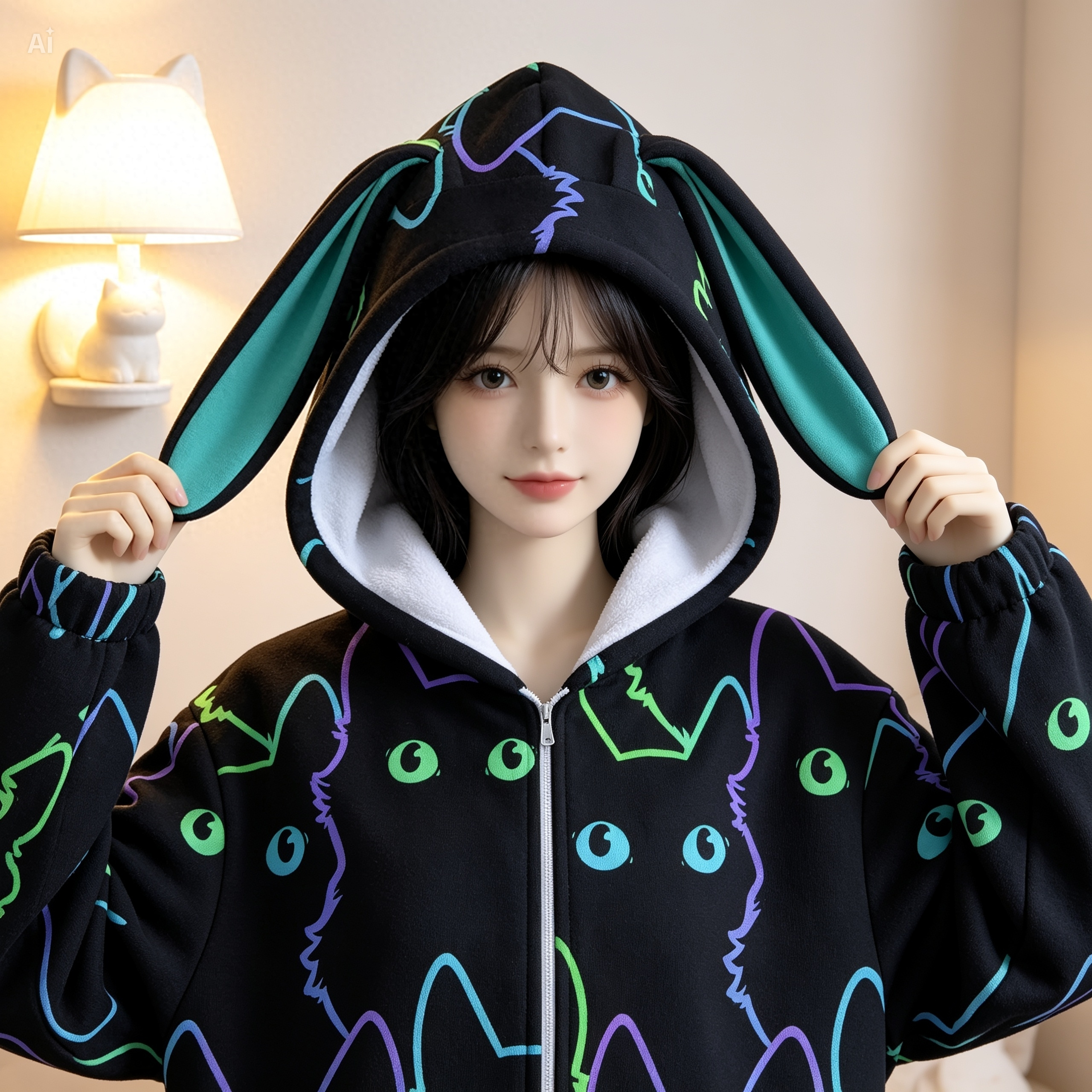 Neon Cat Bunny Ear Hoodie – Cute Black Fleece Zip Up Jacket