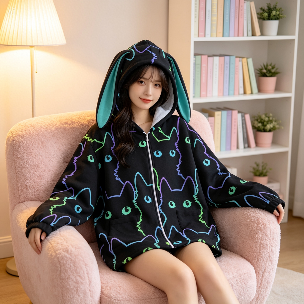 Neon Cat Bunny Ear Hoodie – Cute Black Fleece Zip Up Jacket