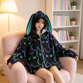 Neon Cat Bunny Ear Hoodie – Cute Black Fleece Zip Up Jacket