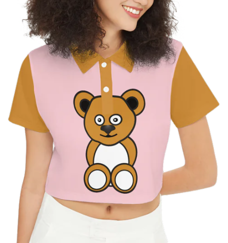 Cute Ochre Bear Short-Sleeve Crop Polo Shirt-Heavyweight 225g