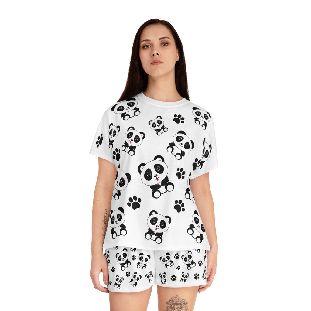 Cute Panda Pajama Set, Women's PJ Set with Kawaii Pandas, Panda Footprints, Matching Sleepwear, Loungewear, Gift for Her