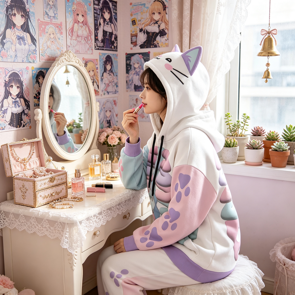 Kawaii Heaven Women's Cat Ear Hoodie with Pastel Skeleton Print