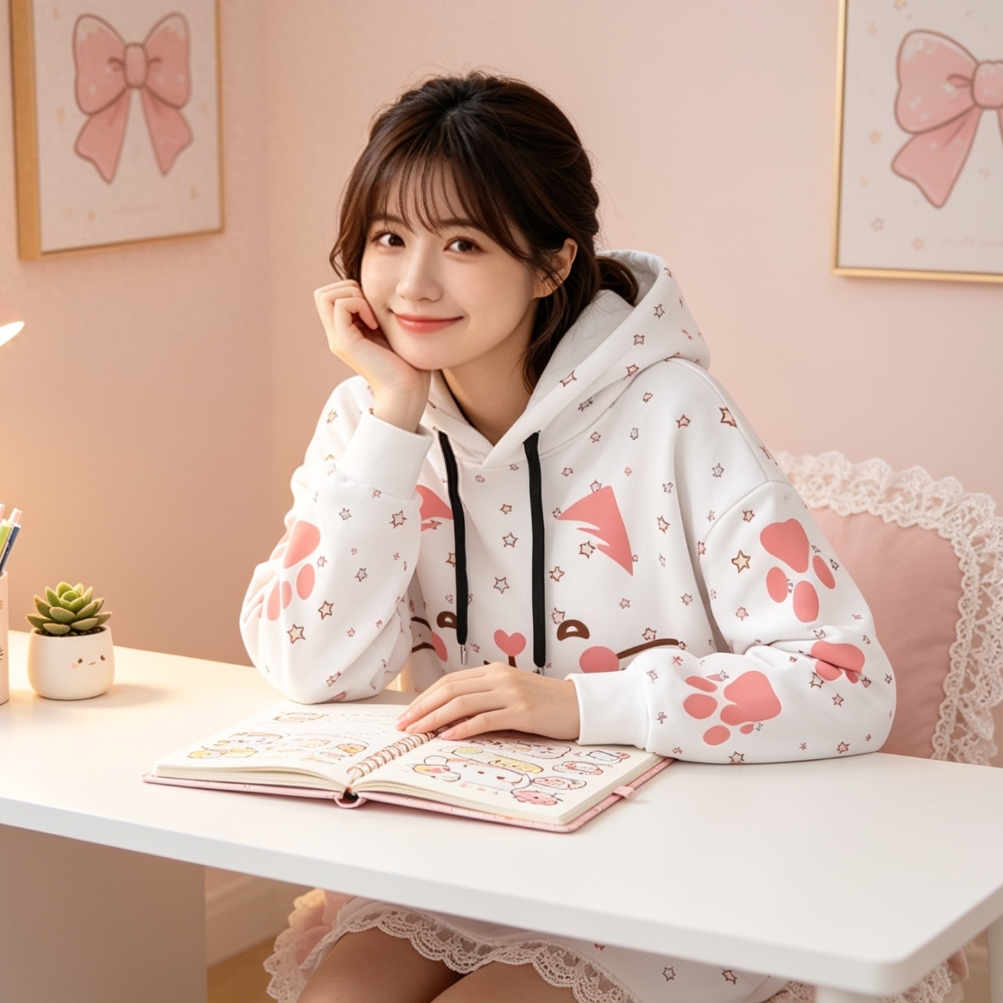 Kawaii Heaven Women's Cute Cat Ear Hoodie with Pink Paw Print