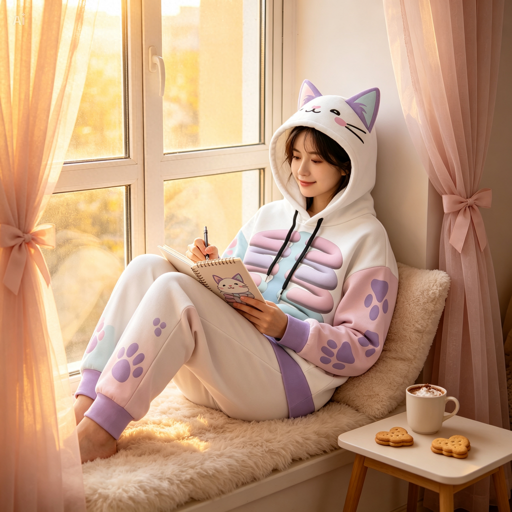 Kawaii Heaven Women's Cat Ear Hoodie with Pastel Skeleton Print