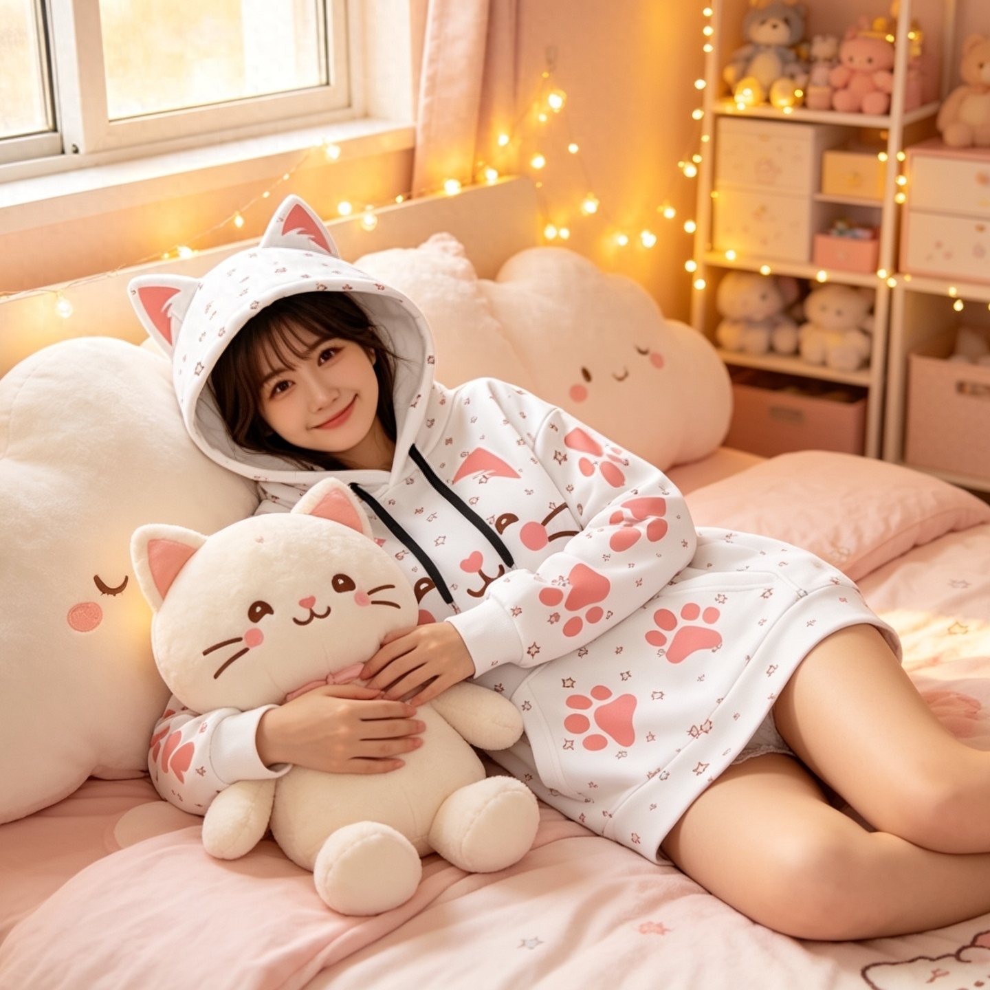 Kawaii Heaven Women's Cute Cat Ear Hoodie with Pink Paw Print