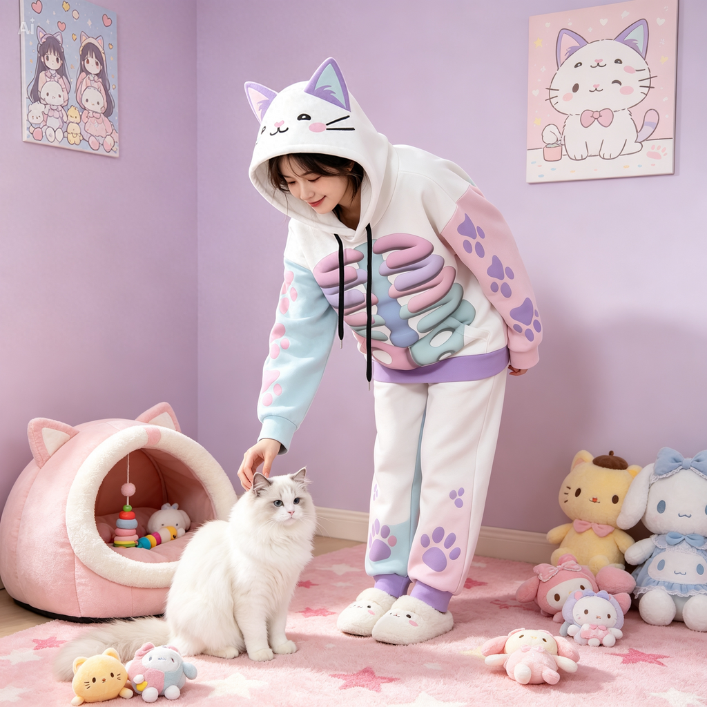 Kawaii Heaven Women's Cat Ear Hoodie with Pastel Skeleton Print