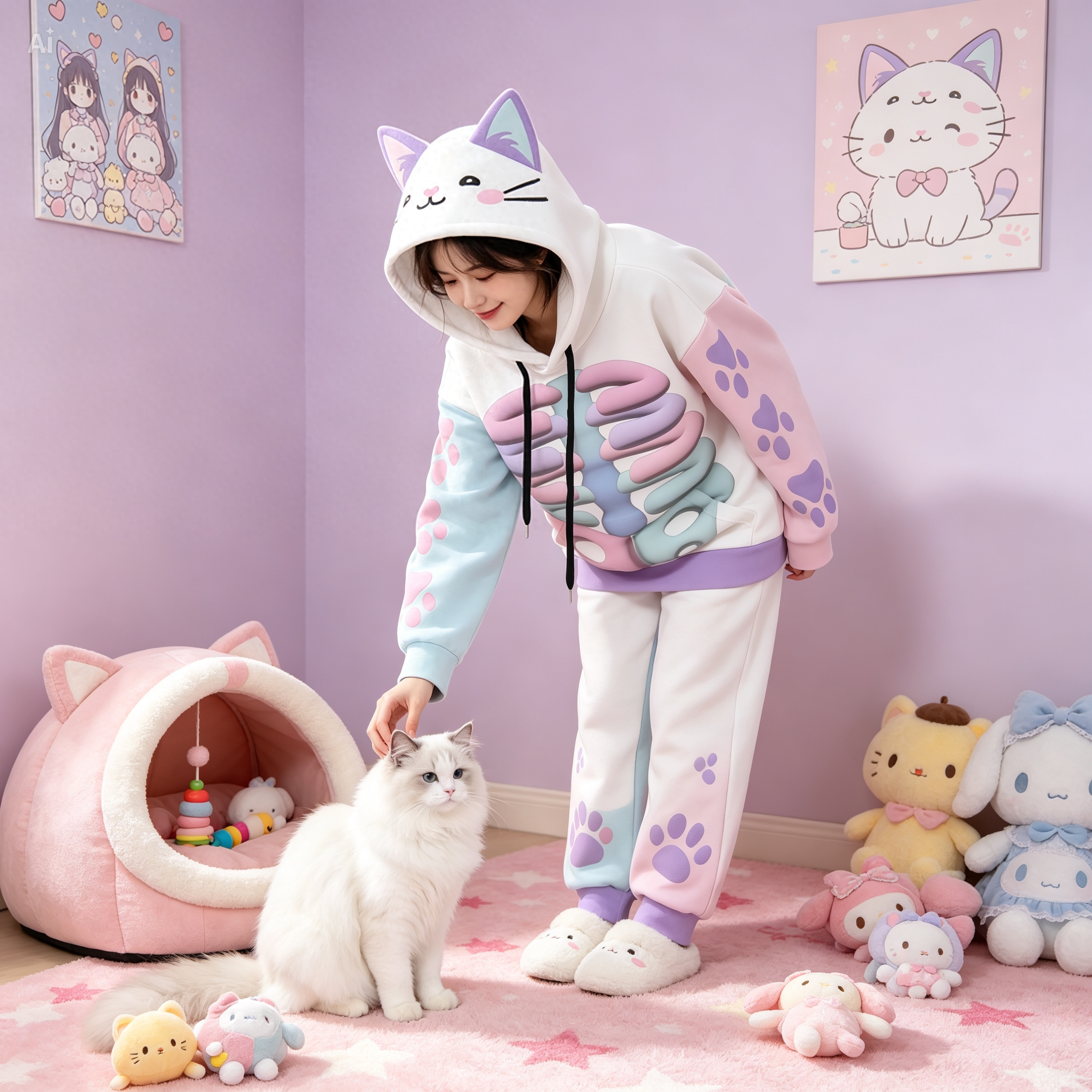Kawaii Heaven Women's Cat Ear Hoodie with Pastel Skeleton Print
