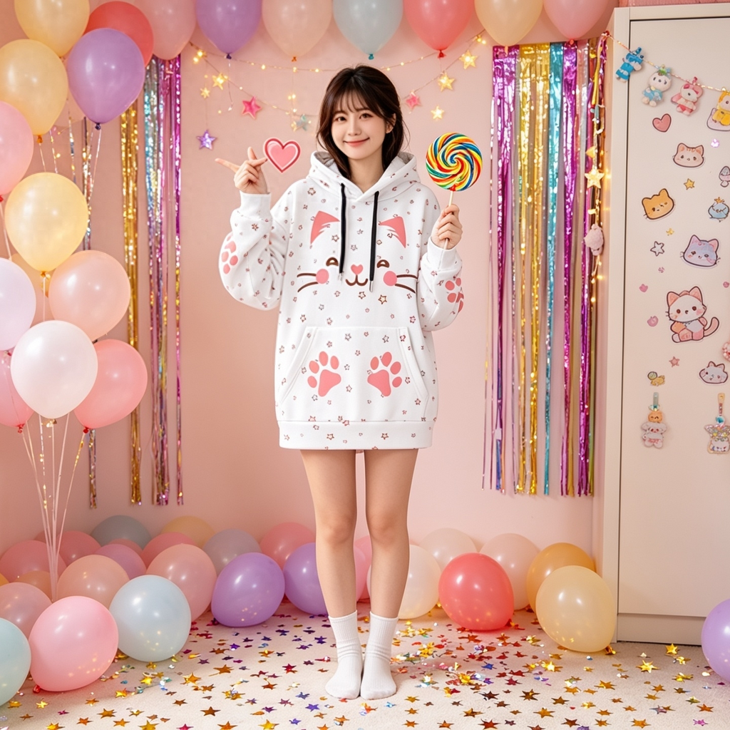 Kawaii Heaven Women's Cute Cat Ear Hoodie with Pink Paw Print
