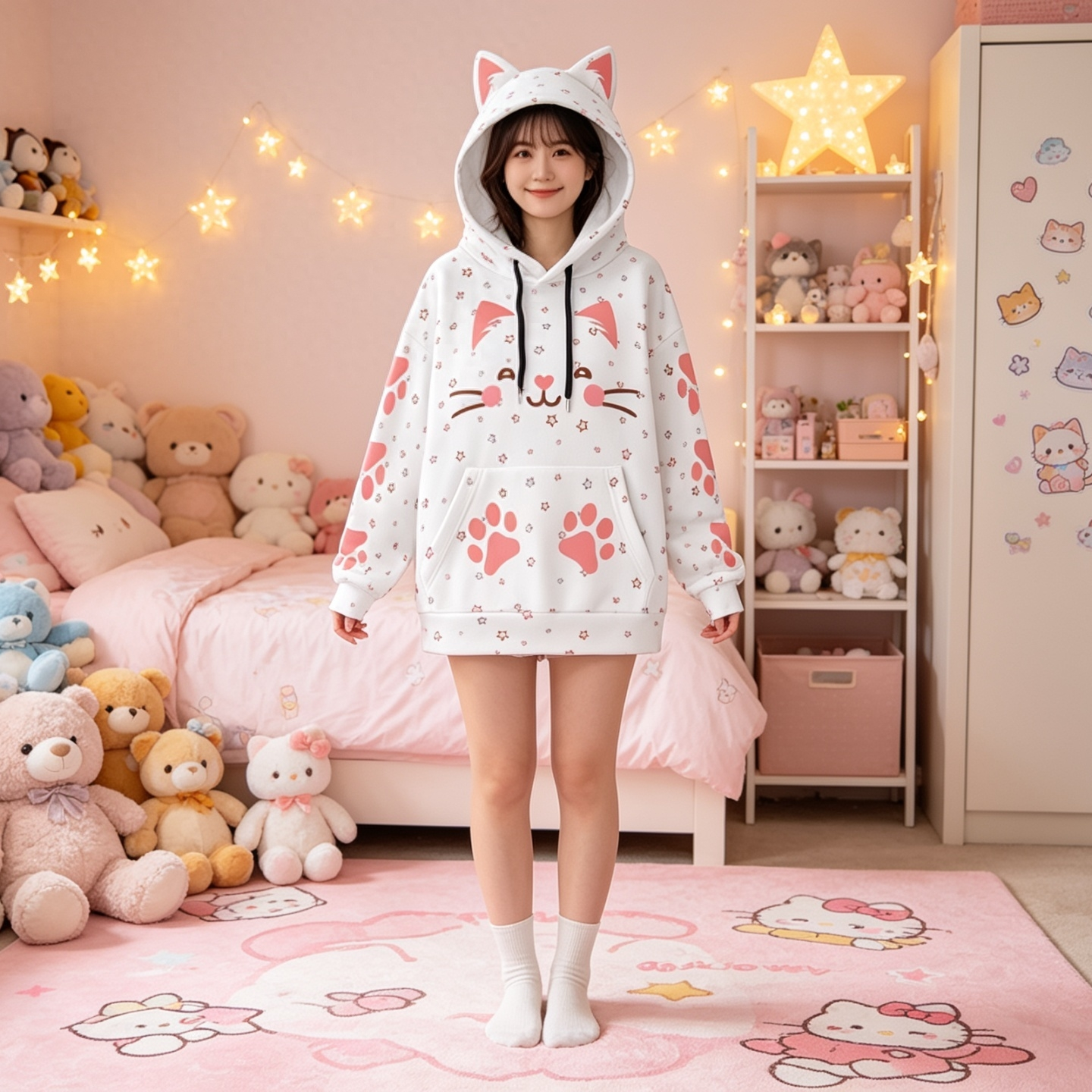 Kawaii Heaven Women's Cute Cat Ear Hoodie with Pink Paw Print