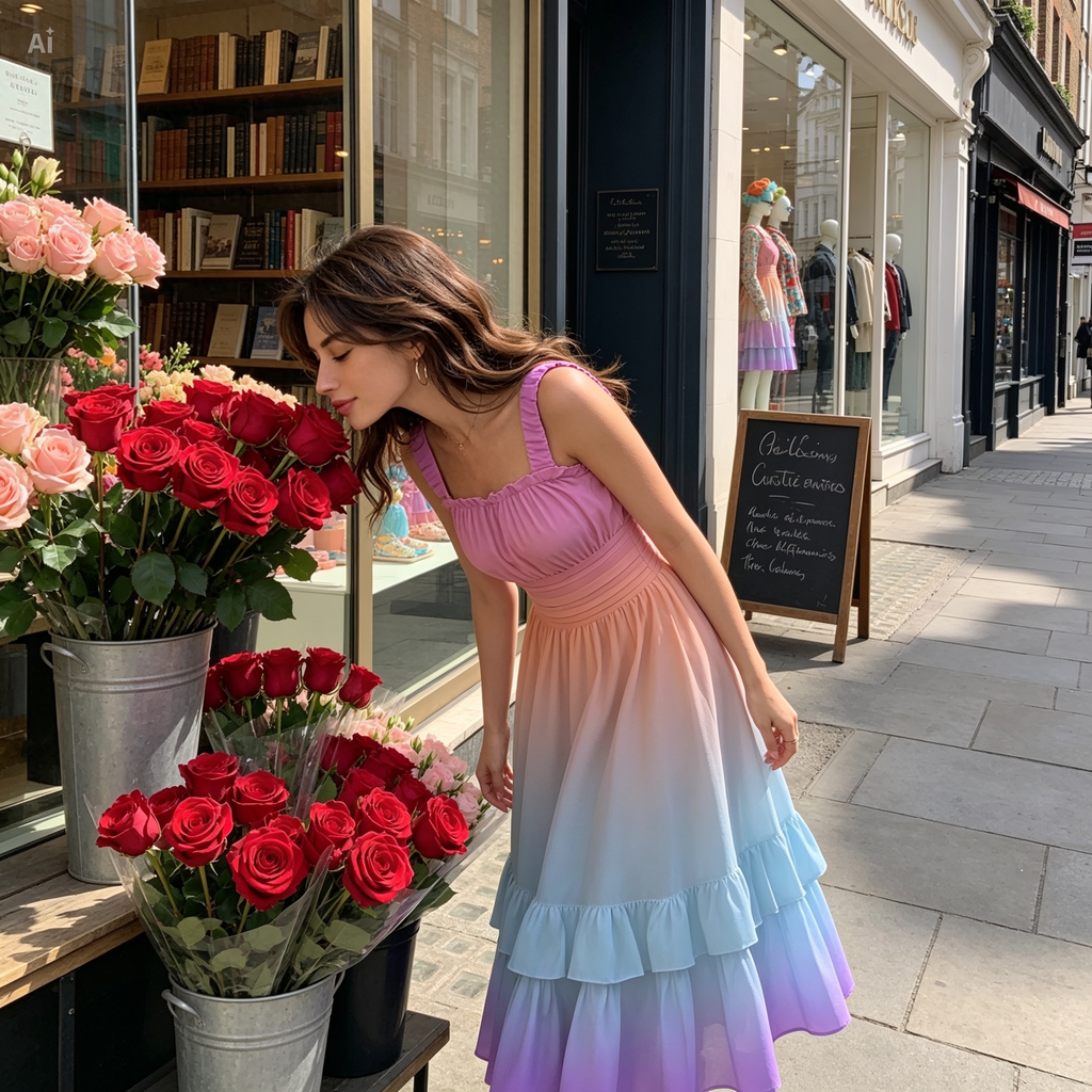 Pastel Gradient Ruffle Dress – Sleeveless Midi Dress with Soft Flow