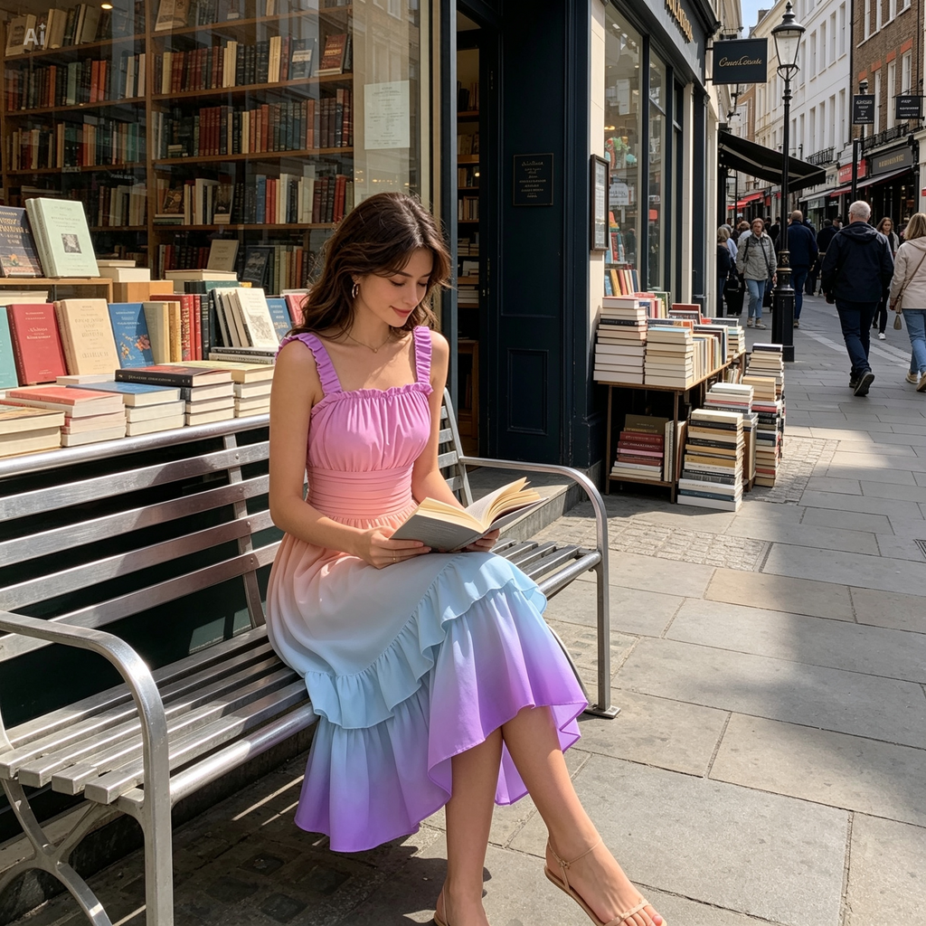 Pastel Gradient Ruffle Dress – Sleeveless Midi Dress with Soft Flow