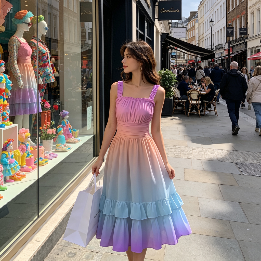 Pastel Gradient Ruffle Dress – Sleeveless Midi Dress with Soft Flow
