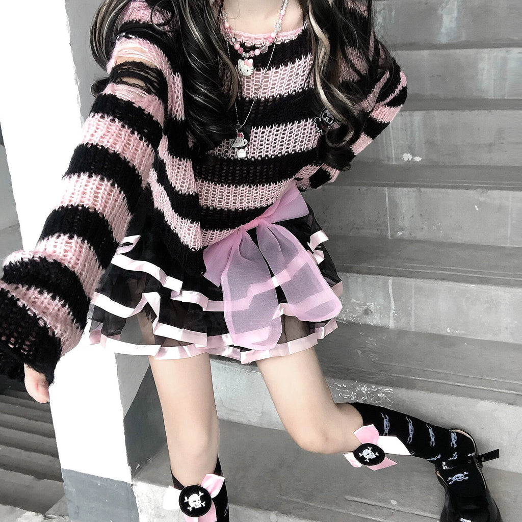 Karrram Pink Striped Gothic Sweater – Women’s Ripped Knit Pullover | Fairy Grunge, Emo, Y2K Streetwear