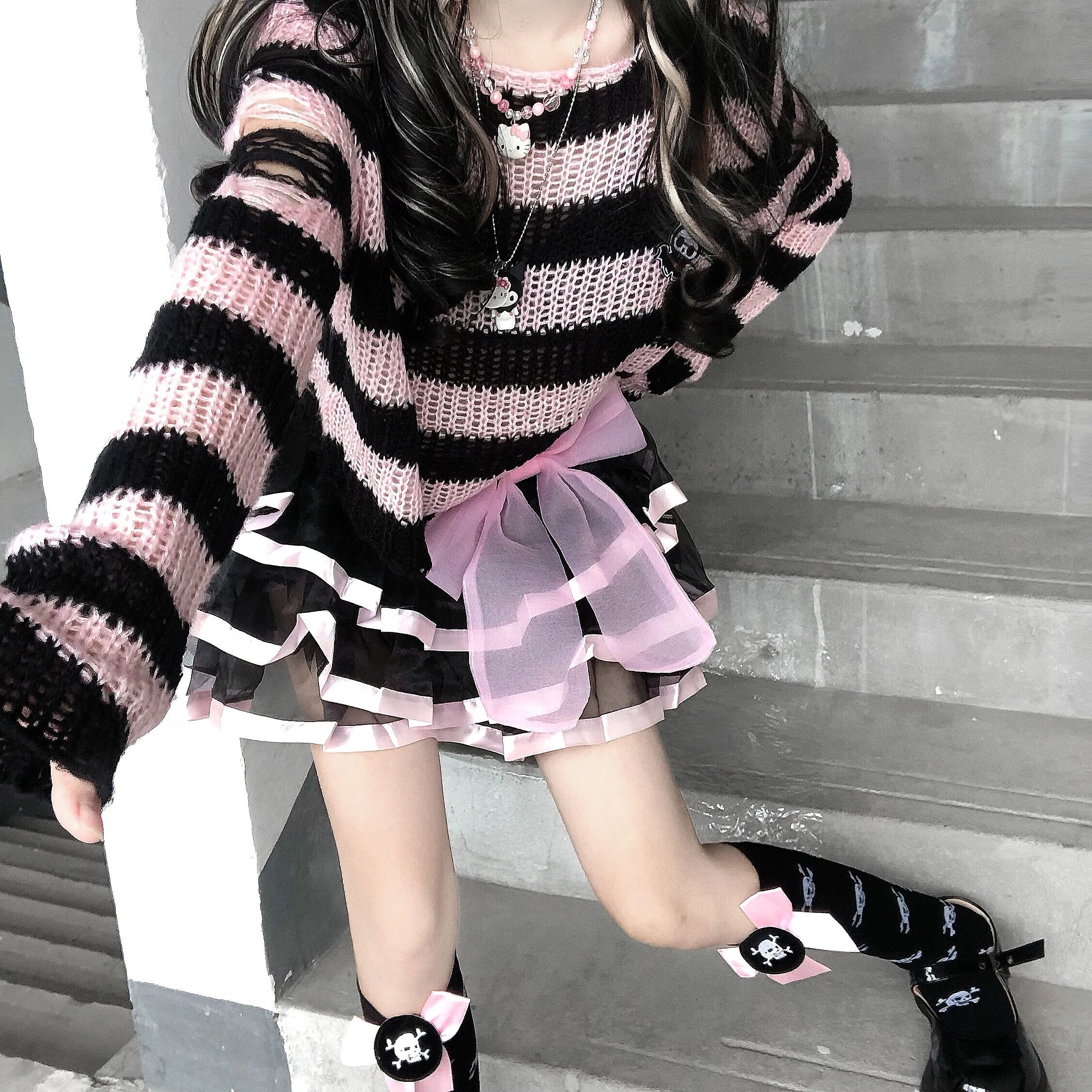 Karrram Pink Striped Gothic Sweater – Women’s Ripped Knit Pullover | Fairy Grunge, Emo, Y2K Streetwear