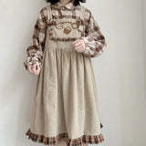 Lolita Cute Bear Corduroy Overall Dress Women Girls Sleeveless Vintage Plaid Ruffle Harajuku Casual Kawaii Suspender Dresses